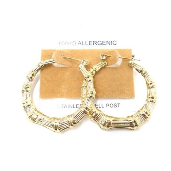 Gold Bamboo Hoop Stainless Steel Hypoallergenic Earrings 1.5 Inch Pierced - Picture 2 of 2